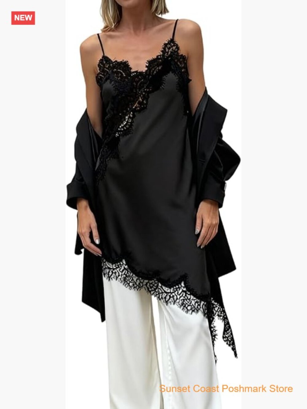 Women's Satin Slip Dress with Lace Trim Asymmetrical Hem Mini Dress Spaghetti